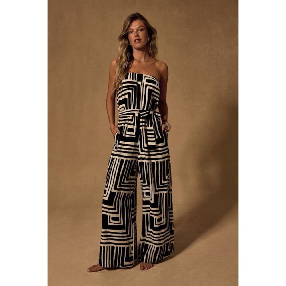 NWT Lulus Lanora Black Abstract Print Wide-leg Jumpsuit - Size L